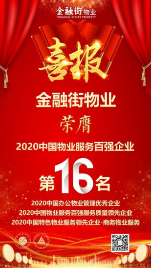 金融街物業(yè)榮膺2020中國物業(yè)服務百強企業(yè)第16名